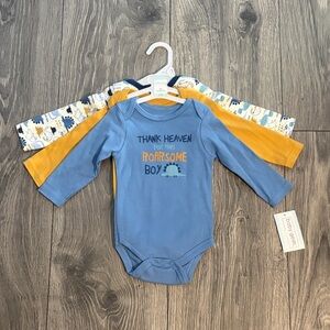 Baby Gear Bodysuits 3 Set Blue and Yellow Dinosaur Size 6/9 Months  100% Cotton